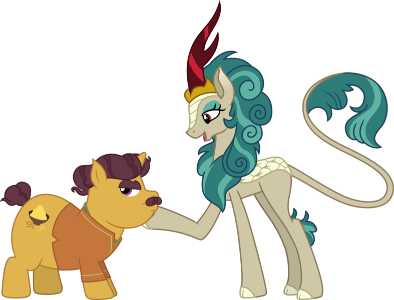 Size: 7970x6078 | Tagged: safe, artist:cloudy glow, artist:hendro107, derpibooru import, edit, vector edit, coriander cumin, rain shine, kirin, pony, unicorn, sounds of silence, spice up your life, .ai available, .svg available, absurd resolution, cloven hooves, female, g4, hoof on face, image, looking down, male, open mouth, png, queen, raised hoof, ship:corain, shipping, simple background, stallion, straight, transparent background, vector