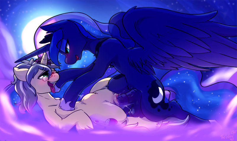 Size: 4008x2400 | Tagged: explicit, artist:the-wag, derpibooru import, princess luna, oc, oc:mercury shine, alicorn, semi-anthro, unicorn, ahegao, balls, bedroom eyes, big balls, big penis, blushing, canon x oc, eyeshadow, female, flower, flower in hair, futa, futa on female, glasses, huge penis, image, intersex, large balls, large wings, looking at each other, makeup, night, open mouth, penetration, png, sex, spread wings, tongue out, vaginal, wings