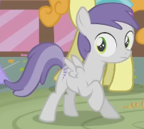 Size: 202x181 | Tagged: safe, derpibooru import, screencap, tornado bolt, pegasus, pony, call of the cutie, season 1, animation error, closed mouth, female, filly, foal, g4, image, png, raised hoof, shocked, shrunken pupils, spread wings, standing, sugarcube corner, wings