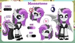 Size: 1200x689 | Tagged: safe, artist:jennieoo, derpibooru import, oc, oc:moonstone, bat pony, pony, angry, clothes, commission, eyeshadow, front view, image, looking at you, makeup, one eye closed, piercing, png, reference, reference sheet, side view, smiling, smiling at you, socks, solo, stockings, thigh highs, vector, wink