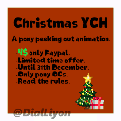 Size: 800x800 | Tagged: safe, artist:dialliyon, derpibooru import, oc, oc:dial liyon, unicorn, animated, christmas, christmas lights, christmas tree, commission, gif, holiday, horn, image, loop, passepartout, perfect loop, pixel art, present, simple background, text, tree, unicorn oc, watermark, ych animation, your character here