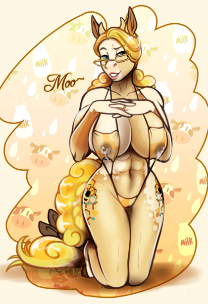 Size: 1927x2806 | Tagged: questionable, artist:blackblood-queen, derpibooru import, ponerpics import, ponybooru import, oc, oc:honeypie meadow, unofficial characters only, anthro, earth pony, pony, unguligrade anthro, abs, anthro oc, belly button, big breasts, bikini, breast milk, breasts, busty oc, cameltoe, clothes, commission, cowkini, cowprint, digital art, earth pony oc, fake horns, female, glasses, huge breasts, image, jewelry, kneeling, lactation, lactation through clothing, mare, micro bikini, milk, moovember, png, ring, sling bikini, smiling, string bikini, swimsuit, wedding ring