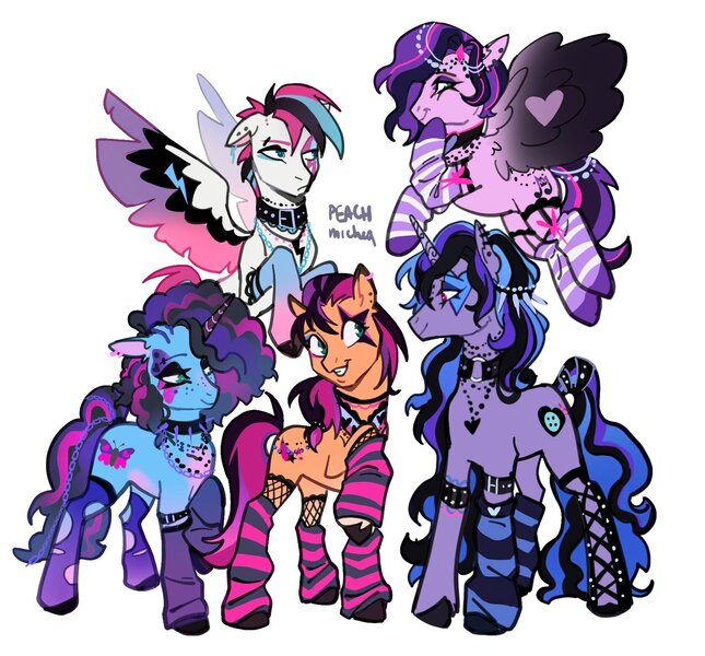 Size: 1678x1561 | Tagged: safe, artist:peachmichea, derpibooru import, izzy moonbow, pipp petals, sunny starscout, zipp storm, pony, g5, bracelet, clothes, colored wings, dyed hair, dyed mane, female, fishnet clothing, goth, goth izzy, goth misty, goth pipp, goth sunny, goth zipp, gradient wings, image, jewelry, jpeg, mare, misty brightdawn, necklace, simple background, socks, white background, wings