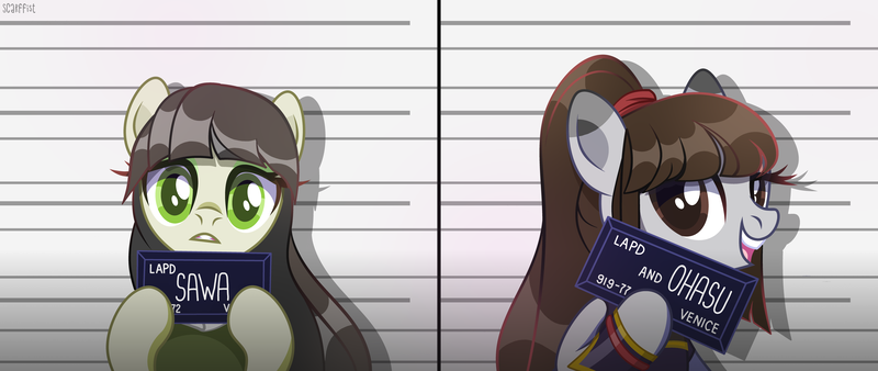 Size: 10000x4230 | Tagged: safe, artist:c1trine, artist:scarffist, derpibooru import, oc, oc:ohasu, oc:sawa (ice1517), unofficial characters only, earth pony, pony, absurd resolution, armor, barbie mugshot meme, base used, bipedal, clothes, commission, duo, female, gritted teeth, image, kimono (clothing), lesbian, mare, meme, mugshot, oc x oc, ohasusawa, open mouth, png, ponytail, raised hoof, shipping, teeth, ych result