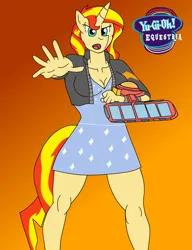 Size: 8927x11611 | Tagged: safe, artist:digigex90, derpibooru import, sunset shimmer, anthro, pony, unicorn, clothes, dress, duel disk, female, image, jacket, mare, png, solo, yu-gi-oh!