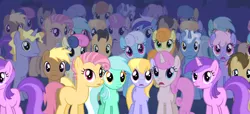 Size: 1348x617 | Tagged: safe, derpibooru import, screencap, amethyst star, bon bon, candy mane, carrot top, cherry cola, cherry fizzy, cloud kicker, coco crusoe, doctor whooves, golden harvest, lemon hearts, linky, lyra heartstrings, pokey pierce, ponet, rainbowshine, shoeshine, sweetie drops, time turner, twinkleshine, earth pony, pegasus, pony, unicorn, season 1, the show stoppers, background pony audience, closed mouth, cropped, earth pony lemon hearts, earth pony lyra heartstrings, female, frown, g4, image, male, mare, missing horn, multeity, open mouth, png, species swap, stallion, standing