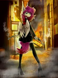 Size: 1899x2534 | Tagged: suggestive, artist:glotasha, derpibooru import, oc, oc:ellie berryheart, unofficial characters only, pegasus, apocalypse, black jacket, blood, city, clothes, female, fire, fog, green eyes, gun, gunslinger, heels on a horse, image, long ears, looking at you, pigtails, png, serious, skirt, smoke, socks, solo, stockings, tail, thigh highs, tights, weapon, wings