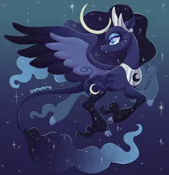 Size: 2432x2522 | Tagged: safe, artist:bishopony, derpibooru import, princess luna, alicorn, classical unicorn, pony, unicorn, alternate design, cloven hooves, crescent horn, curved horn, female, gradient background, high res, hoof fluff, horn, image, jpeg, leonine tail, lidded eyes, long feather, mare, signature, solo, spread wings, stars, turned head, unshorn fetlocks, wings