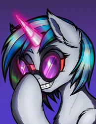 Size: 1400x1800 | Tagged: safe, artist:jehr, derpibooru import, vinyl scratch, pony, undead, unicorn, vampire, breast fluff, colored, commission, ear fluff, fangs, fluffy, food, glasses, glow, glowing eyes, glowing horn, gum, halloween, holiday, horn, image, lineart, looking at you, magic, pink, png, race swap, red eyes, smiling, smiling at you, solo
