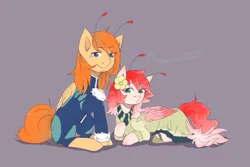 Size: 2400x1600 | Tagged: safe, artist:moewwur, artist:rin-mandarin, derpibooru import, oc, oc:chise, oc:svatya, unofficial characters only, pegasus, pony, pony town, clothes, couple, dress, flower, ginger hair, image, lying down, pegasus wings, pink hair, pink mane, png, red hair, simple background, sitting, sketch, socks, strawberry mane, suit, tendrils, wings