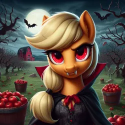 Size: 1024x1024 | Tagged: safe, ai content, derpibooru import, machine learning generated, applejack, bat, earth pony, pony, undead, vampire, vampony, apple, apple orchard, barn, bust, cape, clothes, dead tree, fangs, female, food, full moon, generator:dall-e 3, grass, image, jpeg, looking at you, mare, moon, night, orchard, outdoors, overcast, red eyes, sky, solo, tree