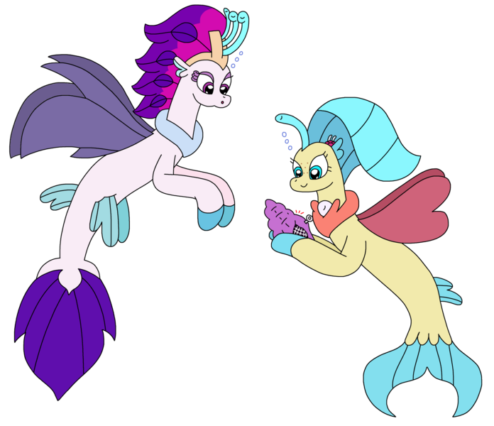 Size: 2672x2303 | Tagged: safe, artist:supahdonarudo, derpibooru import, princess skystar, queen novo, seapony (g4), my little pony: the movie, bubble, holding, image, looking down, png, shell, simple background, spongebob squarepants, transparent background