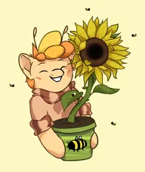 Size: 2060x2449 | Tagged: safe, artist:ju4111a, derpibooru import, oc, oc:baffie, unofficial characters only, bee, insect, antennae, blushing, clothes, cute, eyes closed, fanart, flower, image, looking at you, male, plant, png, pot, simple background, smiling, smiling at you, solo, sunflower, sweater, yellow background