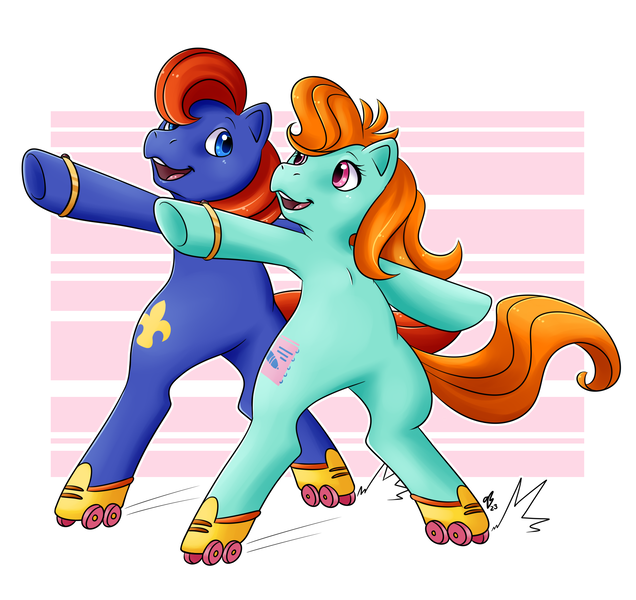 Size: 1842x1737 | Tagged: safe, artist:shini-smurf, derpibooru import, bright eyes, lancer, earth pony, g1, my little pony tales, dancing, image, jewelry, png, ring, roller skates, shipping, simple background, skates, smiling, wedding ring