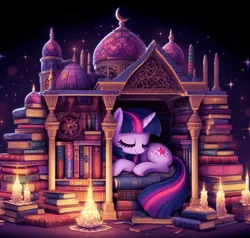 Size: 796x758 | Tagged: safe, ai content, derpibooru import, machine learning generated, twilight sparkle, pony, book, book fort, bookhorse, candle, column, eyes closed, female, g4, generator:dall-e 3, image, lying down, mare, png, solo, spire, stars, that pony sure does love books