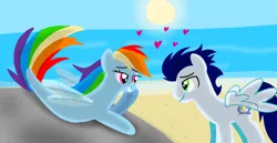Size: 1980x1020 | Tagged: safe, artist:mlplary6, derpibooru import, rainbow dash, soarin', pegasus, pony, seapony (g4), beach, female, heart, image, in love, looking at each other, looking at someone, love, male, mare, png, seaponified, seapony rainbow dash, shipping, smiling, smiling at each other, soarindash, species swap, stallion, straight