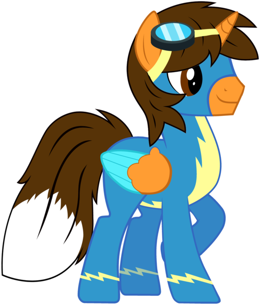 Size: 3328x3904 | Tagged: safe, artist:star-armour95, derpibooru import, oc, oc:ej, unofficial characters only, alicorn, pony, clothes, colored wings, fox tail, goggles, goggles on head, image, male, multicolored wings, png, simple background, solo, stallion, tail, transparent background, uniform, vector, wings, wonderbolts, wonderbolts uniform