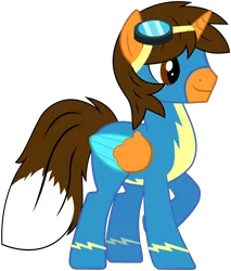 Size: 3328x3904 | Tagged: safe, artist:star-armour95, derpibooru import, oc, oc:ej, unofficial characters only, alicorn, pony, clothes, colored wings, fox tail, goggles, goggles on head, image, male, multicolored wings, png, simple background, solo, stallion, tail, transparent background, uniform, vector, wings, wonderbolts, wonderbolts uniform