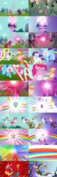 Size: 2000x6191 | Tagged: safe, derpibooru import, screencap, applejack, discord, fluttershy, pinkie pie, rainbow dash, rarity, twilight sparkle, twilight sparkle (alicorn), alicorn, draconequus, earth pony, pegasus, pony, unicorn, keep calm and flutter on, princess twilight sparkle (episode), season 3, season 4, bathtub, black vine, comparison, element of generosity, element of honesty, element of kindness, element of laughter, element of loyalty, element of magic, elements of harmony, image, mane six, png, rainbow, recycled animation, side by side, statue discord, unicorn twilight