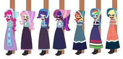 Size: 2581x1244 | Tagged: safe, artist:brightstar40k, derpibooru import, applejack, fluttershy, pinkie pie, rainbow dash, rarity, sci-twi, sunset shimmer, twilight sparkle, human, equestria girls, bondage, bound and gagged, clothes, dress, gag, humane five, humane seven, humane six, image, long dress, long skirt, png, pole tied, skirt, solo, tied up, victorian, victorian dress