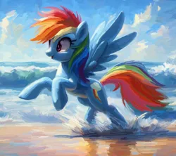 Size: 1786x1588 | Tagged: safe, artist:yidwags, derpibooru import, rainbow dash, pegasus, pony, beach, cute, dashabetes, female, image, mare, ocean, open mouth, open smile, outdoors, png, running, smiling, solo, splashing, spread wings, water, wings