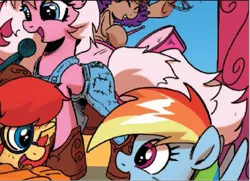 Size: 709x514 | Tagged: safe, derpibooru import, idw, prancy drew, rainbow dash, earth pony, pony, spoiler:comic, spoiler:comicff16, clothes, female, image, jem, jem and the holograms, mare, overalls, png, pony pickers, strawberry gem