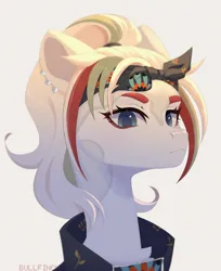 Size: 4088x5000 | Tagged: safe, artist:cherebushek, derpibooru import, oc, unofficial characters only, earth pony, pony, absurd file size, bandana, bust, clothes, commission, ear piercing, earring, female, image, jewelry, mare, piercing, png, ponytail, simple background, solo