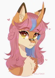 Size: 2418x3426 | Tagged: safe, artist:cherebushek, derpibooru import, oc, unofficial characters only, pony, unicorn, bandaid, bandaid on nose, bust, chest fluff, curved horn, ear fluff, eyebrows, eyebrows visible through hair, female, hair braid, heart, horn, image, mare, png, simple background, solo, white background
