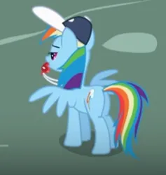 Size: 351x371 | Tagged: safe, derpibooru import, screencap, rainbow dash, pegasus, pony, may the best pet win, season 2, blowing whistle, butt, coach rainbow dash, g4, image, jpeg, lidded eyes, plot, puffy cheeks, rainblow dash, rainbow dashs coaching whistle, rainbutt dash, solo, spread wings, that pony sure does love whistles, whistle, whistle necklace, wings