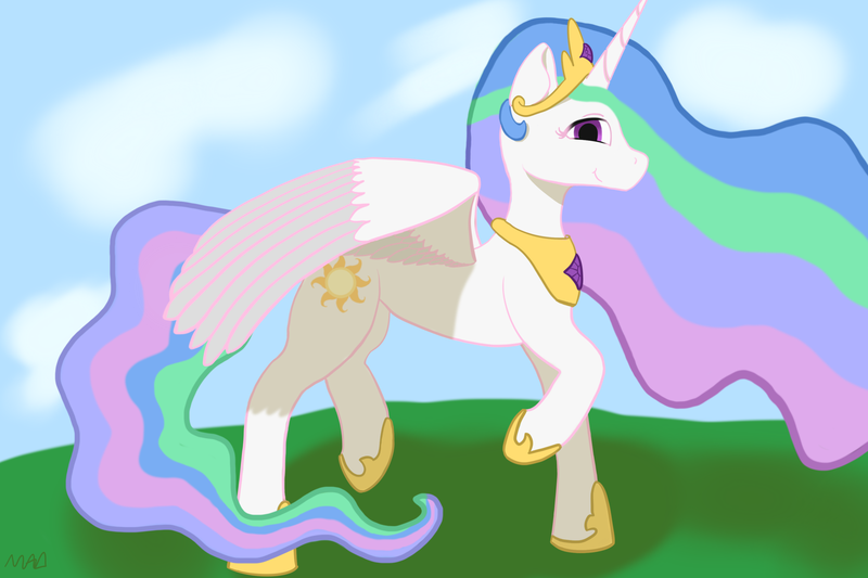 Size: 3072x2048 | Tagged: safe, artist:maonyman, derpibooru import, princess celestia, alicorn, pony, cloud, cutie mark, female, g4, image, jewelry, lighting, looking at you, mare, png, raised hoof, raised hooves, regalia, shadow, sky, smiling, solo, spread wings, wings