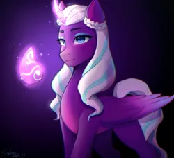 Size: 2250x2048 | Tagged: safe, artist:xiaowu07, derpibooru import, alicorn, pony, g5, dark background, eyeshadow, female, image, looking at you, makeup, mare, opaline arcana, png, smiling, solo
