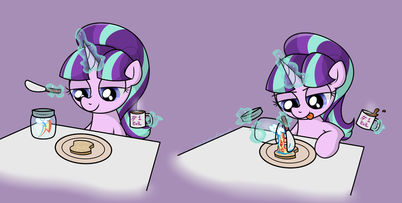 Size: 4154x2103 | Tagged: safe, artist:background basset, derpibooru import, starlight glimmer, pony, unicorn, bread, evil starlight, food, image, jar, magic, plate, png, pouring, simple background, solo, spatula, stolen cutie marks, table, telekinesis, toast, tongue out