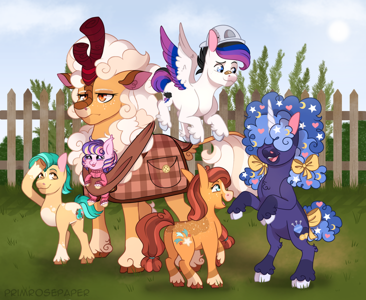 Size: 2502x2051 | Tagged: safe, artist:primrosepaper, derpibooru import, oc, unofficial characters only, earth pony, kirin, pegasus, pony, unicorn, age regression, earth pony oc, foal, horn, image, kirin oc, pegasus oc, png, unicorn oc, wings, younger