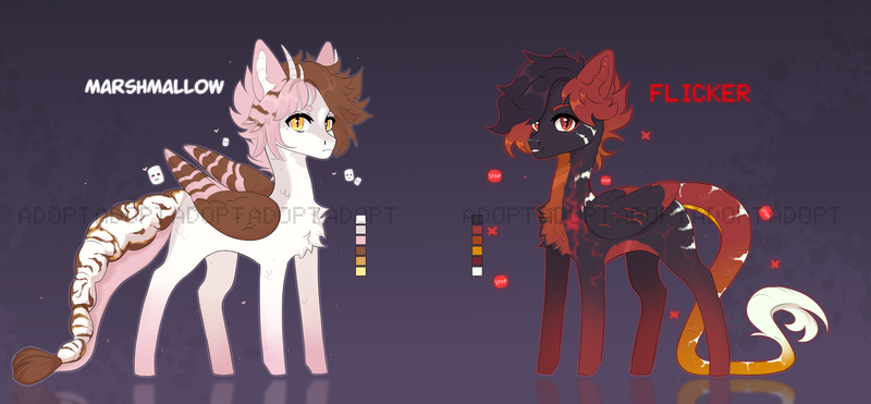 Size: 10088x4681 | Tagged: safe, artist:cherebushek, derpibooru import, oc, oc:flicker, oc:marshmallow, unofficial characters only, hybrid, pegasus, pony, adoptable, chest fluff, duo, horns, image, leonine tail, male, png, reference sheet, reflection, stallion, tail