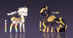 Size: 5500x2904 | Tagged: safe, artist:cherebushek, derpibooru import, oc, oc:flaffy rainbow, oc:flare, unofficial characters only, pegasus, pony, unicorn, adoptable, bell, bell collar, chest fluff, clothes, collar, curved horn, duo, ear fluff, horn, image, leonine tail, male, multiple horns, png, reference sheet, reflection, socks, stallion, tail