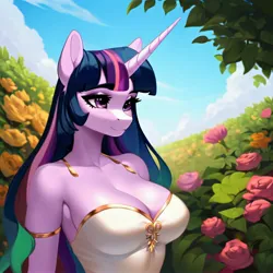 Size: 3072x3072 | Tagged: suggestive, ai content, derpibooru import, machine learning generated, twilight sparkle, anthro, unicorn, adorasexy, beautisexy, big breasts, breasts, cleavage, clothes, cloud, cute, dress, flower, garden, image, jpeg, leaf, long hair, long mane, prompter:frw, sexy, sexy dress, smiling, solo, unicorn twilight