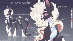 Size: 6726x3824 | Tagged: safe, artist:cherebushek, derpibooru import, oc, cobra, original species, pony, snake, adoptable, coat markings, crystal, ear fluff, facial markings, fangs, female, forked tongue, horns, image, mare, png, reference sheet, slit pupils, tongue out, unshorn fetlocks