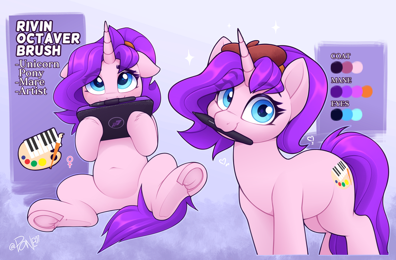 Size: 3551x2339 | Tagged: safe, artist:rivin177, derpibooru import, fluttershy, oc, oc:rivin, pony, unicorn, belly, belly button, beret, blue eyes, colored, cute, cutie mark, drawing tablet, duo, eye clipping through hair, eyebrows, eyebrows visible through hair, eyes open, female, floppy ears, hat, holding, horn, image, mare, mouth hold, pen, png, ponytail, reference, reference sheet, shyabetes, simple background, sitting, standing, stylus, tablet, underhoof, wide eyes