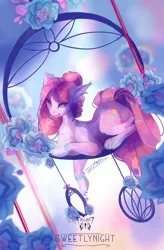 Size: 3280x5000 | Tagged: safe, alternate version, artist:sweetlynight, derpibooru import, pinkie pie, earth pony, hybrid, pony, blood, chest fluff, ear fluff, female, flower, image, licking, licking lips, mare, paws, pinkamena diane pie, png, solo, species swap, tongue out