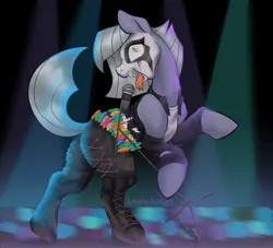 Size: 4400x4002 | Tagged: safe, artist:leopardsnaps, derpibooru import, limestone pie, earth pony, pony, boots, clothes, concert, corpse paint, dirty, image, lights, metal, microphone, png, screaming, shoes, singing, solo, spotlight, torn clothes
