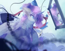 Size: 4000x3137 | Tagged: safe, artist:sweetlynight, derpibooru import, oc, oc:nora blooms, unofficial characters only, alicorn, pony, alicorn oc, bag, book, chains, clothes, curved horn, female, handbag, horn, image, mare, mirror, png, scarf, solo, wings