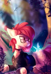 Size: 2101x3000 | Tagged: safe, artist:sweetlynight, derpibooru import, oc, oc:amy heartbreak, unofficial characters only, butterfly, earth pony, insect, pony, bell, bell collar, clothes, collar, female, forest, glasses, hoodie, image, jpeg, mare, nature, solo, tree