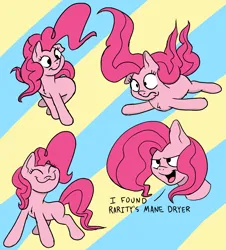 Size: 1905x2109 | Tagged: safe, artist:doodledonutart, derpibooru import, pinkie pie, earth pony, pony, alternate hairstyle, eyes closed, frown, image, missing cutie mark, open mouth, open smile, png, smiling, solo, striped background