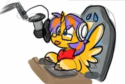 Size: 1287x863 | Tagged: oc name needed, safe, artist:zutcha, derpibooru import, oc, unofficial characters only, alicorn, mouse, pony, chair, freckles, gamer chair, image, jpeg, keyboard, male, microphone, simple background, solo, spread wings, stallion, tongue out, white background, wings