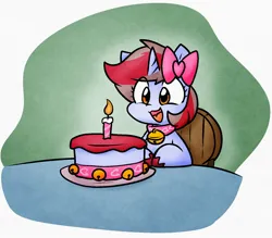 Size: 1546x1353 | Tagged: safe, artist:zutcha, derpibooru import, oc, oc:cinnamon lightning, unofficial characters only, pony, unicorn, bell, bell collar, birthday cake, bow, cake, candle, chair, collar, female, food, hair bow, image, jpeg, mare, open mouth, open smile, sitting, smiling, solo, table