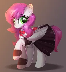 Size: 1944x2106 | Tagged: safe, artist:janelearts, derpibooru import, oc, oc:ellie berryheart, unofficial characters only, pegasus, pony, black eyeshadow, bow, bowtie, clothes, cuffs (clothes), dress, ear fluff, eye clipping through hair, eyebrows, eyebrows visible through hair, eyeshadow, female, g4, green eyes, housewife, image, long eyelashes, looking at you, maid, makeup, mare, png, raised hoof, simple background, smiling, smiling at you, solo, tail, white stockings, wings