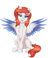 Size: 900x1080 | Tagged: safe, artist:nivimonster, derpibooru import, oc, oc:sketchbook, pegasus, pony, bedroom eyes, chest fluff, colored wings, colored wingtips, female, image, lidded eyes, looking at you, mare, png, simple background, smiling, solo, spread wings, transparent background, two toned wings, wings