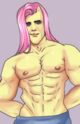 Size: 1300x2015 | Tagged: safe, artist:s_drawss, derpibooru import, fluttershy, anthro, abs, arm behind back, butterscotch, flutterguy, gray background, image, jpeg, looking at you, male, male nipples, meme, muscles, muscleshy, muscular male, nipples, nudity, pecs, rule 63, simple background, solo, square jaw