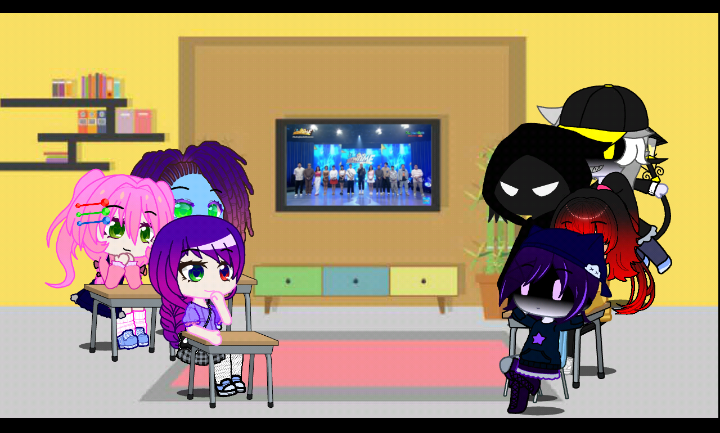 Size: 720x433 | Tagged: safe, artist:yiv gamez, screencap, rarity, sprout cloverleaf, human, equestria girls, g5, g4, gacha, gacha club, hiberworld, humanized, image, indoors, it's showtime, kapamilya, misty brightdawn, murder drones, n (murder drones), notnoxula (hiberworld), png, reacting, sitting, the alliance, uzi doorman (murder drones), watching