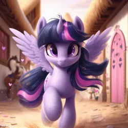 Size: 1024x1024 | Tagged: safe, ai content, machine learning generated, ponerpics import, ponybooru import, twilight sparkle, twilight sparkle (alicorn), alicorn, pony, bing, female, horse statue, image, it's coming right at us, jpeg, looking at you, mare, ponyville, solo, spread wings, statue, wavy mouth, wings
